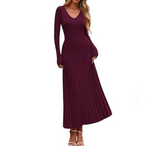 PrettyGarden Women's Elegant Burgundy Ribbed Knit Maxi Sweater Dress Size L